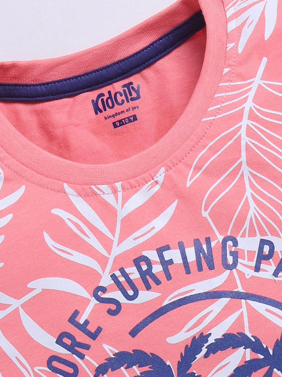Kidcity Boys Soft Cotton Sinker Half Sleeve Leaf and Text Print T-Shirts - Peach Zoom View