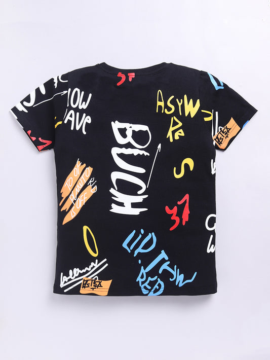 Kidcity Boys Soft Cotton Sinker Half Sleeve Text Print T-Shirts - Black back view