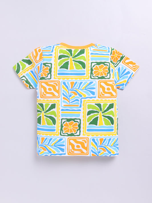 Kidcity Boys Soft Cotton Sinker Half Sleeve Tropical Print T-Shirts - Yellow & Green back view