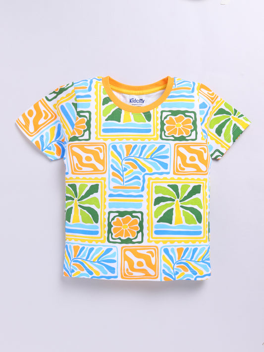 Kidcity Boys Soft Cotton Sinker Half Sleeve Tropical Print T-Shirts - Yellow & Green front view