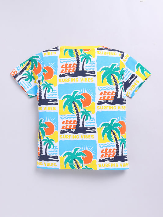 Kidcity Boys Soft Cotton Sinker Half Sleeve Tropical Surfing Vibes Graphic T-Shirts - Blue & Orange back view