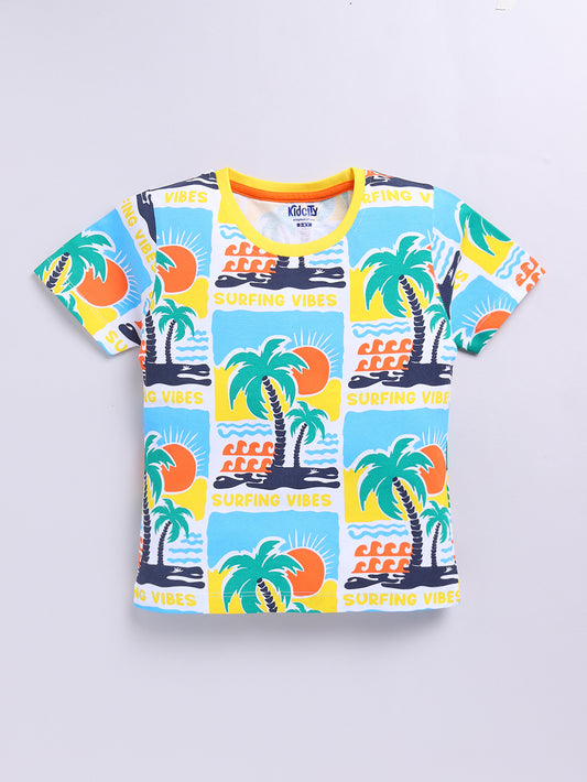 Kidcity Boys Soft Cotton Sinker Half Sleeve Tropical Surfing Vibes Graphic T-Shirts - Blue & Orange front view