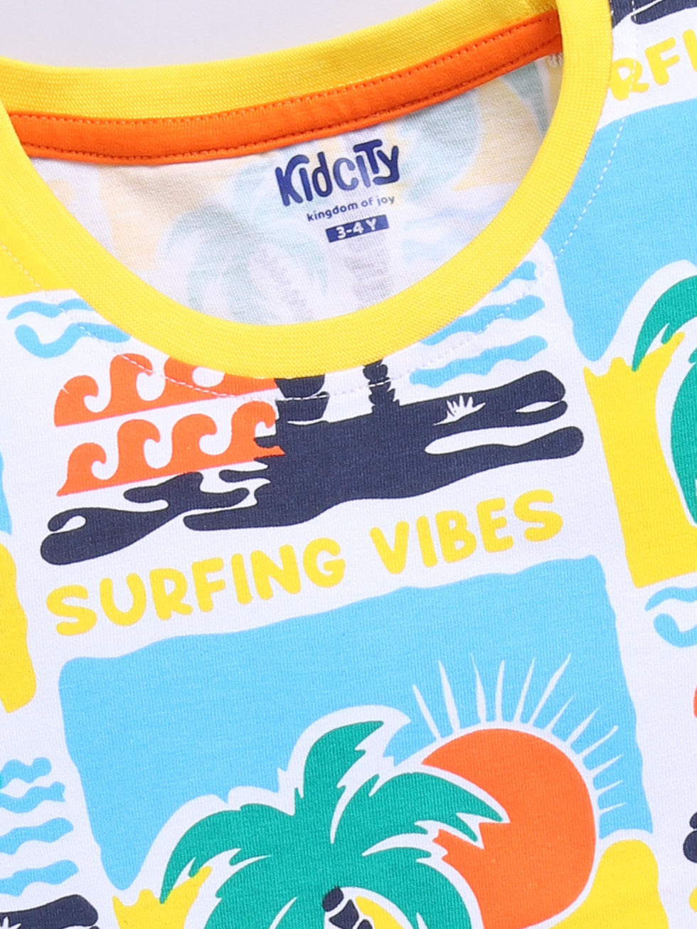 Kidcity Boys Soft Cotton Sinker Half Sleeve Tropical Surfing Vibes Graphic T-Shirts - Blue & Orange zoom view