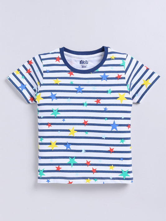 Kidcity Boys Soft Cotton Sinker Knit Half Sleeves Striped Star Print T-Shirts - Multicolor front view