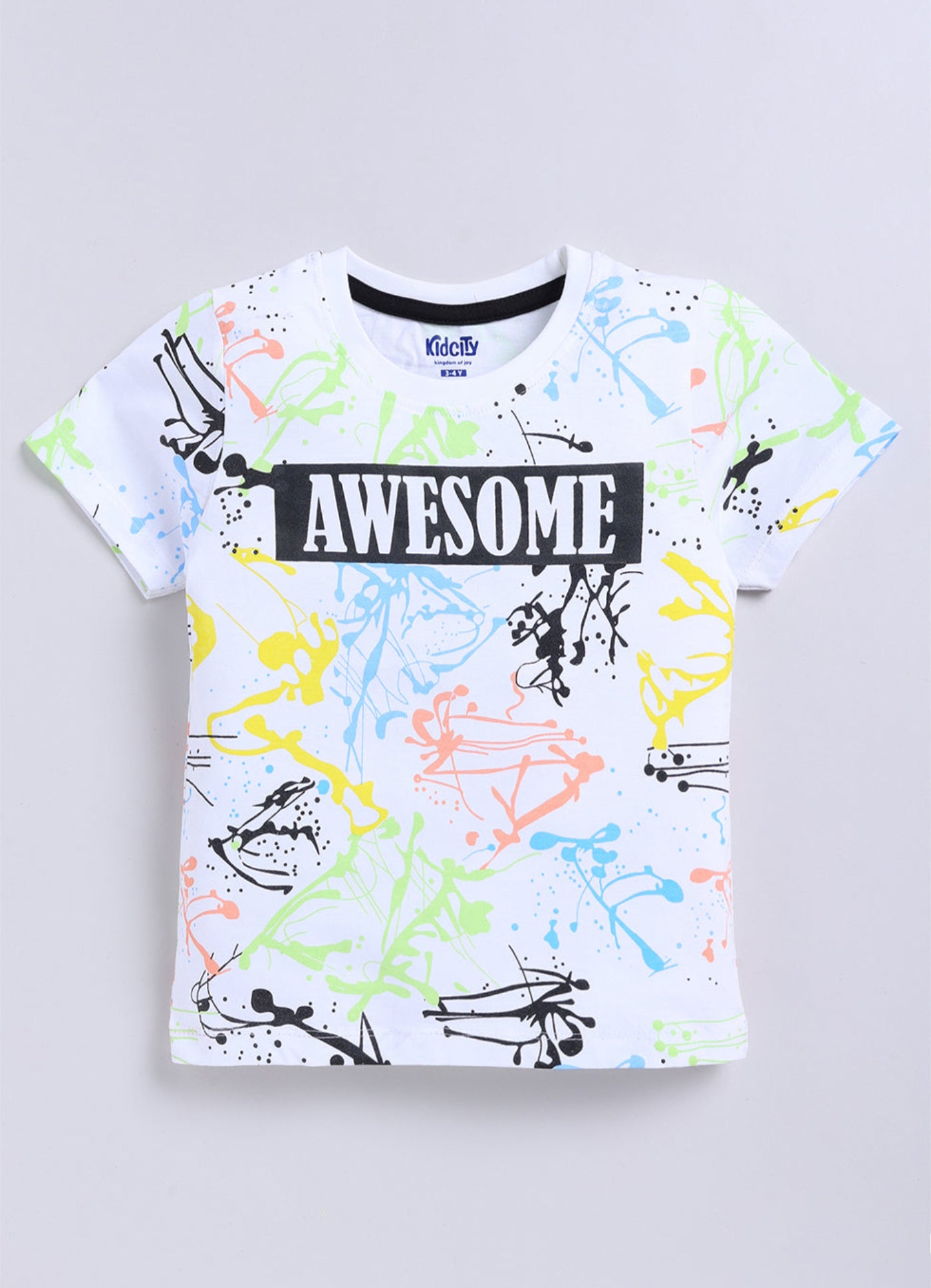 Kidcity Boys Soft Cotton Sinker Knit Half Sleeves Text Print T-Shirts - White front view