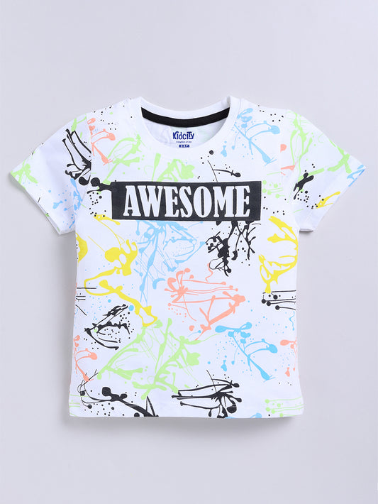 Kidcity Boys Soft Cotton Sinker Knit Half Sleeves Text Print T-Shirts - White front view