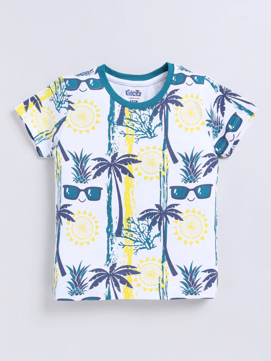 Kidcity Boys Soft Cotton Sinker Knit Half Sleeves Tree & Sunglass Print T-Shirts - Multicolor front view