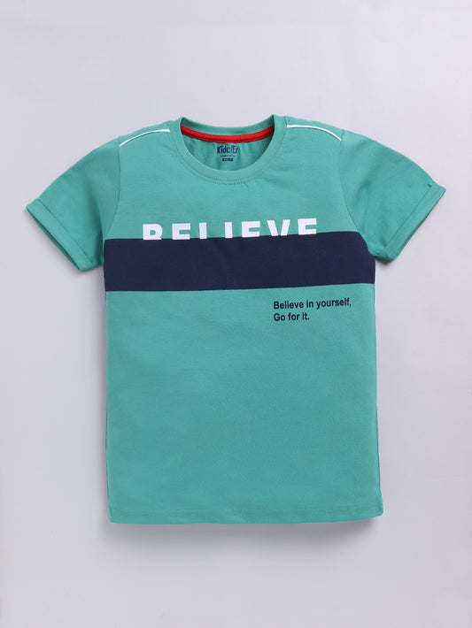 Kidcity Boys Soft Cotton Sinker Text Print Half Sleeves T-Shirts - Green Front View