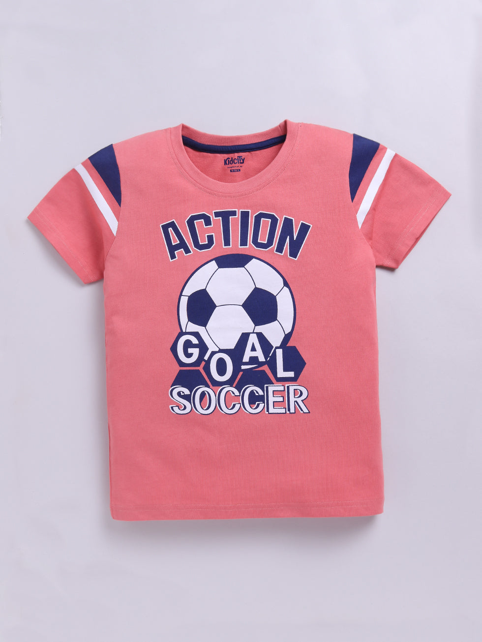 Kidcity Boys Soft Cotton Sinker Text and Football Print Half Sleeves T-Shirts - Peach Front View