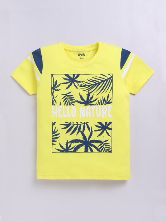 Kidcity Boys Soft Cotton Sinker Text and Leaf Print Half Sleeves T-Shirts - Lemon  Front View