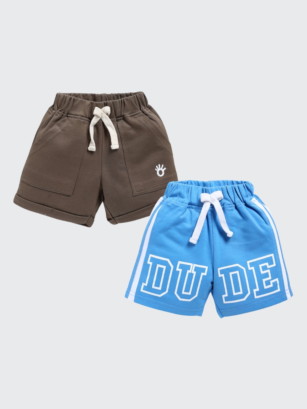 Kidcity Boys shorts Combo set (pack of 2) |Loopknit shorts|Brown, Light blue shorts front view