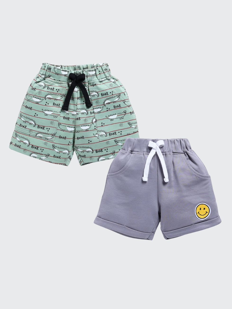Kidcity Boys shorts Combo set (pack of 2) |Loopknit shorts|Light green, Grey shorts combo front view