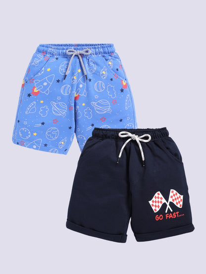 Space Rocket Print & “Go Fast” Race Flag Design 2 Pc Shorts