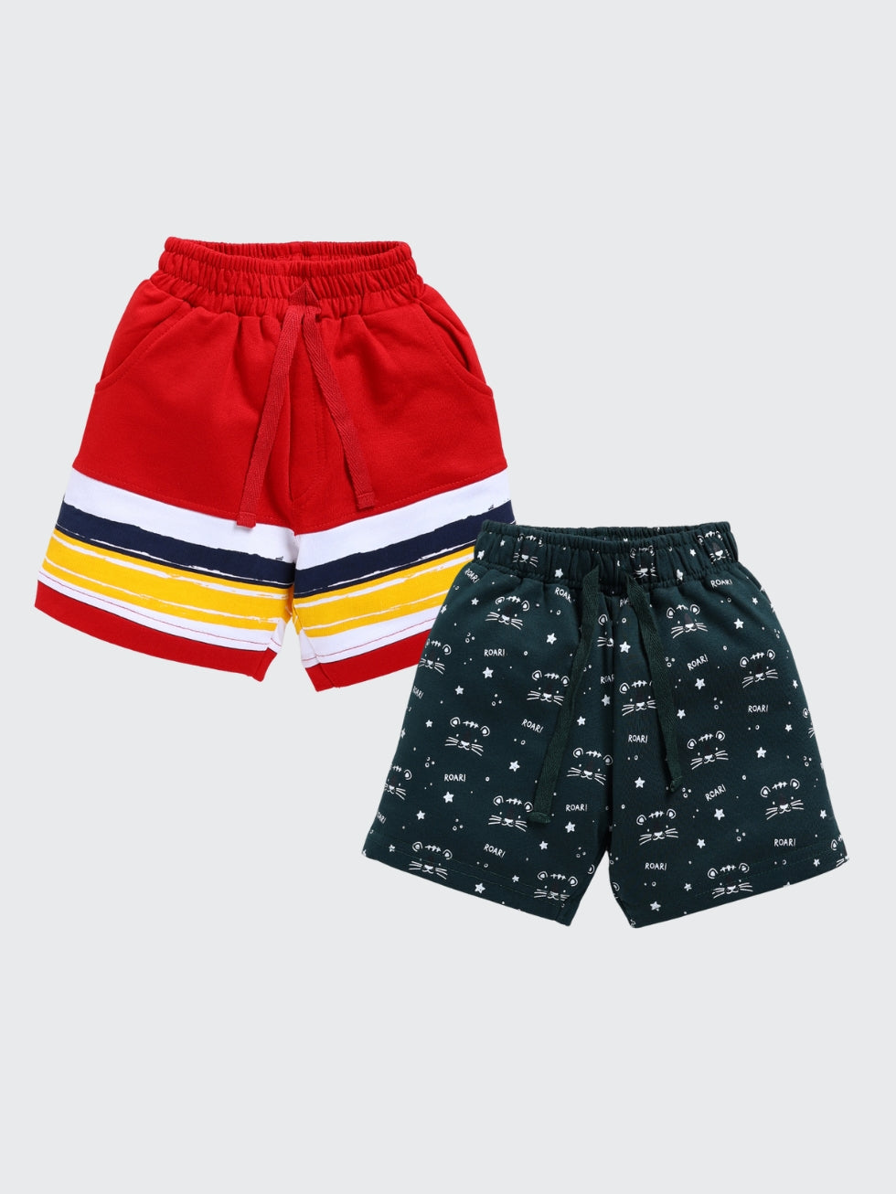 Kidcity Boys shorts Combo set (pack of 2) |Loopknit shorts|Red, Dark Green shorts front view