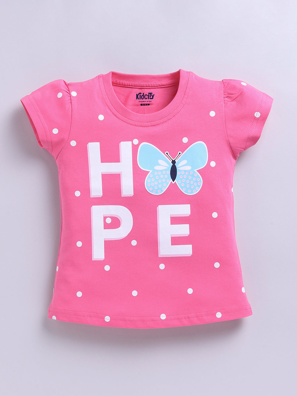 Kidcity Cotton Sinker Butterfly Graphics & Hope Text Allover Print Tops - Pink front view