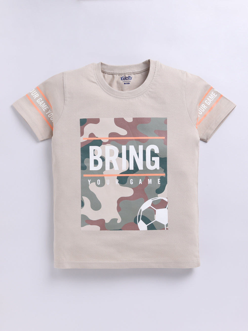 Kidcity Cotton Sinker Camouflage Sports Graphics & Bring Your Game Text Placement Print T-Shirts - Beige front view