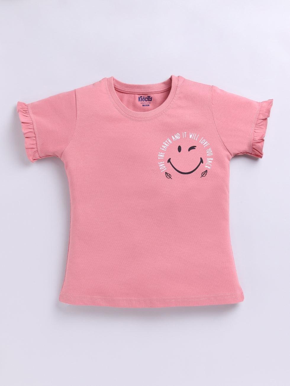 Kidcity Cotton Sinker Cheerful Winking Smiley Face Graphics Placement Print Tops - Peach front view