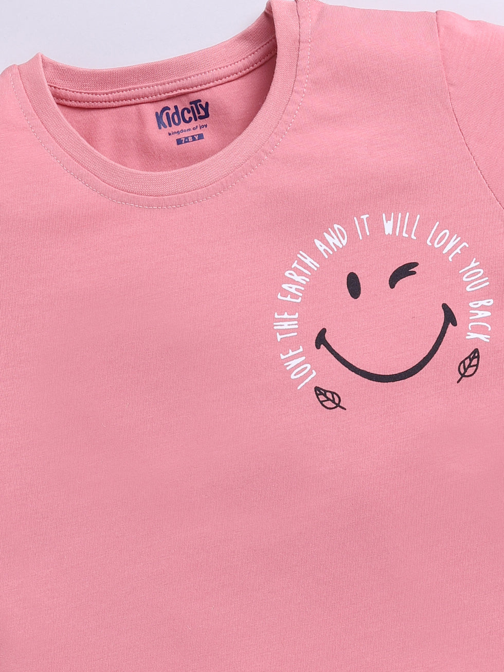 Kidcity Cotton Sinker Cheerful Winking Smiley Face Graphics Placement Print Tops - Peach zoom view