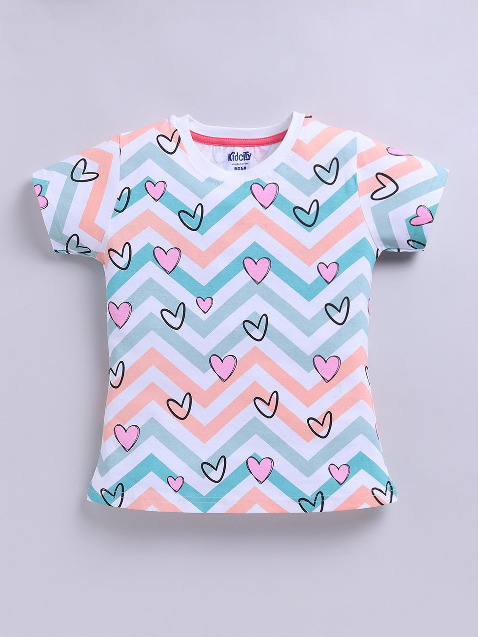 Kidcity Cotton Sinker Chevron & Hearts Printed Allover Print Tops - White front view
