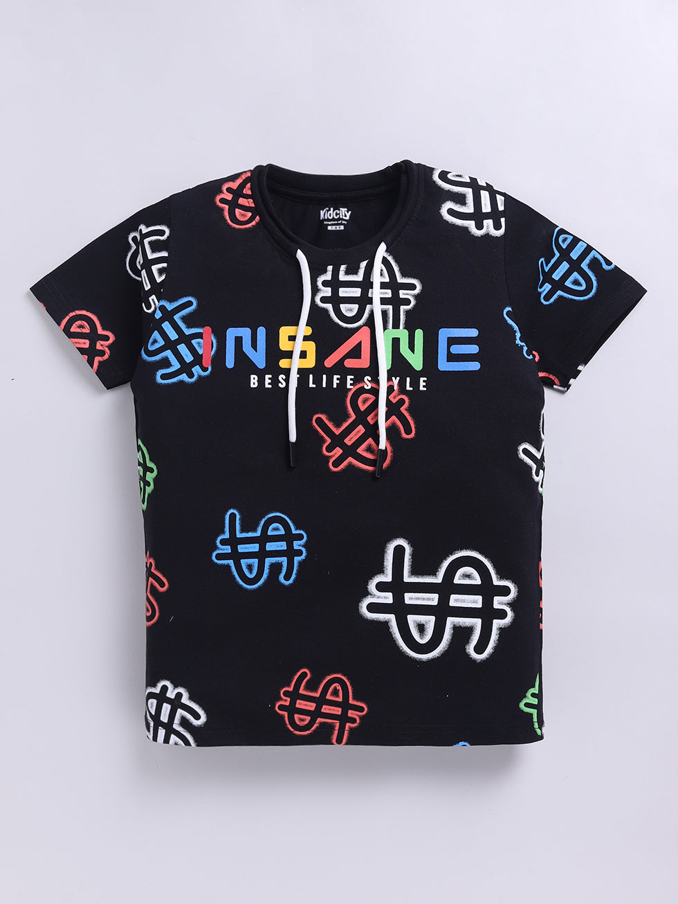 Kidcity Cotton Sinker Dollar Signs Graphics & Insane Text Allover Print T-Shirts - Black front view