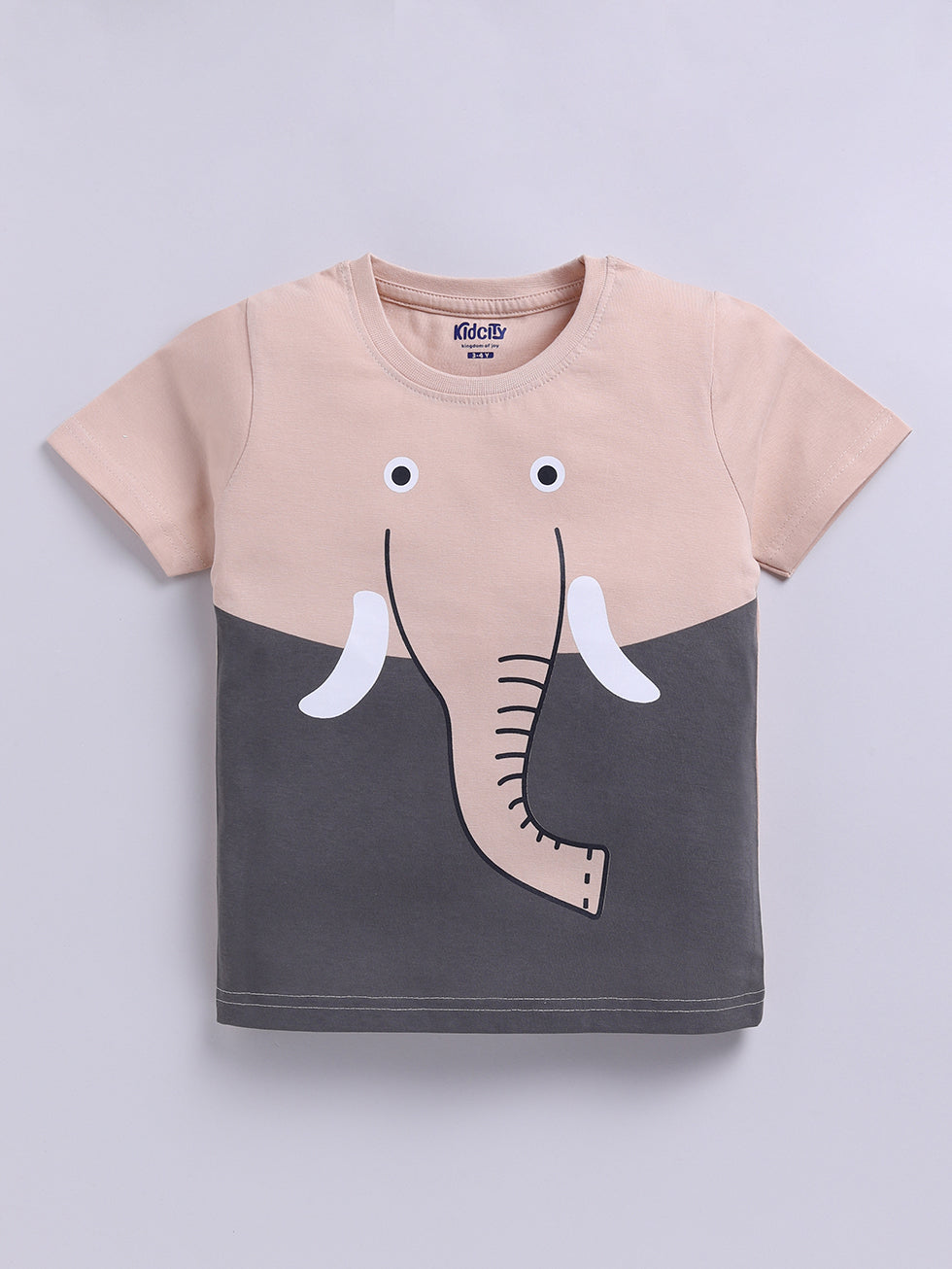 Kidcity Cotton Sinker Elephant Graphic Placement Print T-Shirts - Beige front view