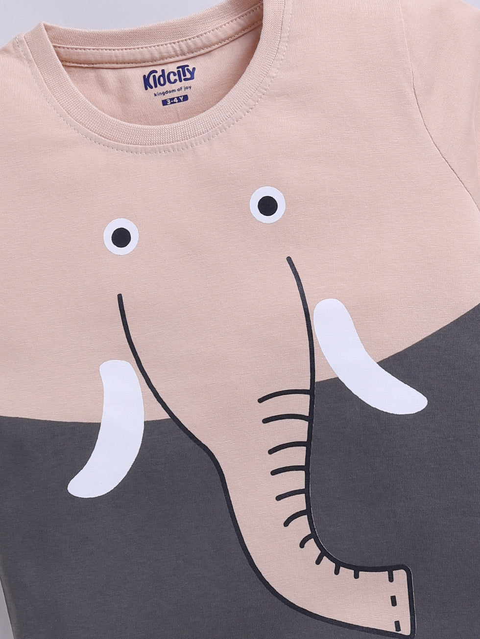 Kidcity Cotton Sinker Elephant Graphic Placement Print T-Shirts - Beige zoom view