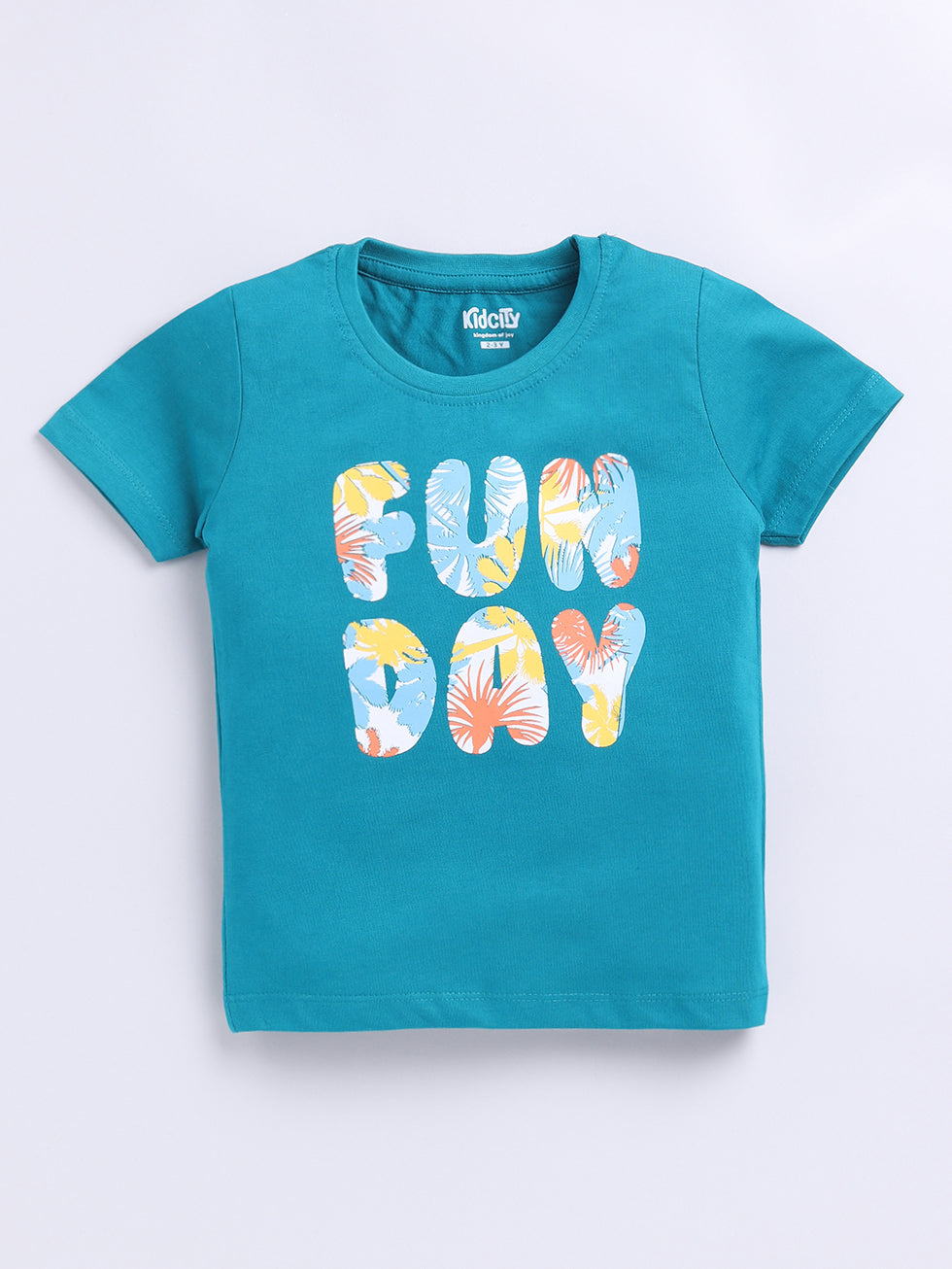 Kidcity Cotton Sinker Fun Day Text Placement Print T-Shirts - Teal Blue front view
