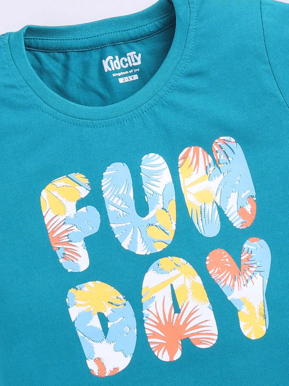 Kidcity Cotton Sinker Fun Day Text Placement Print T-Shirts - Teal Blue zoom view