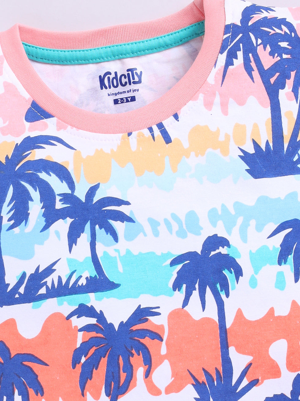 Kidcity Cotton Sinker Half Sleeves Plum Tree Print T-Shirts - Multicolor zoom view