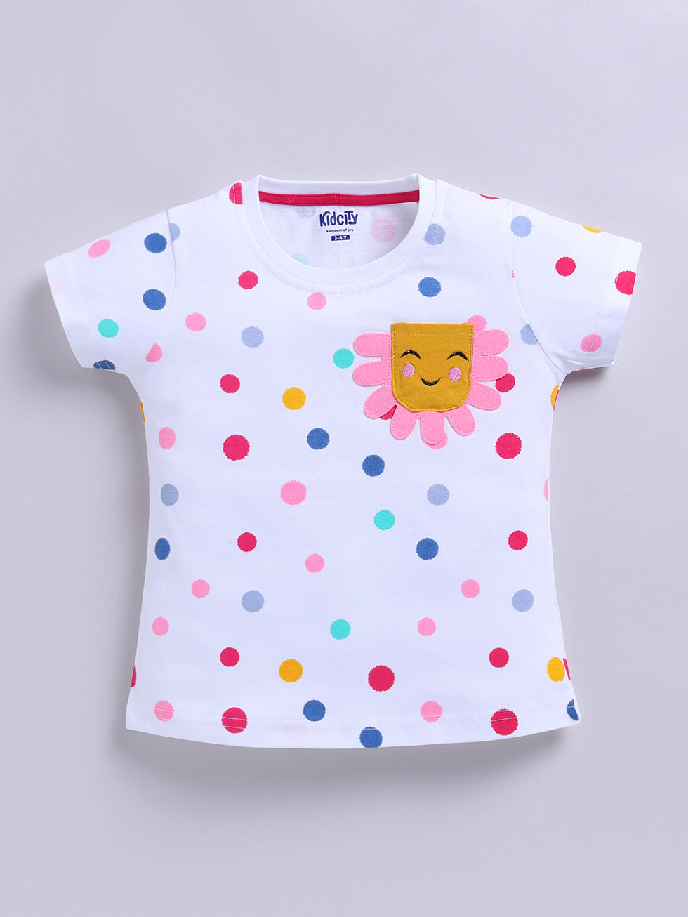 Kidcity Cotton Sinker Polka Dot and Cheerful Flower-Face Pocket Allover Print Tops - White front view