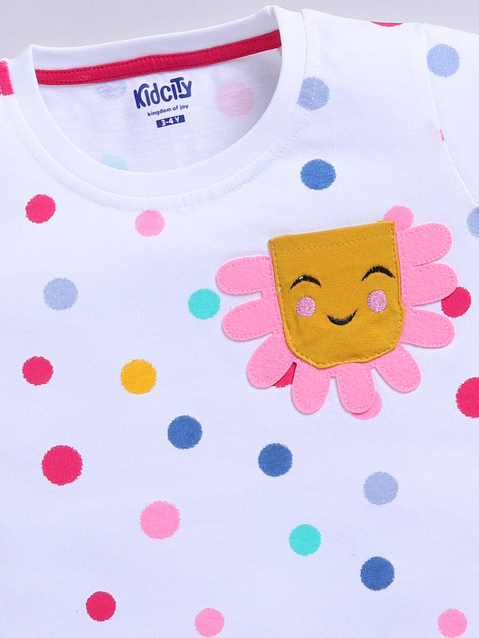 Kidcity Cotton Sinker Polka Dot and Cheerful Flower-Face Pocket Allover Print Tops - White zoom view