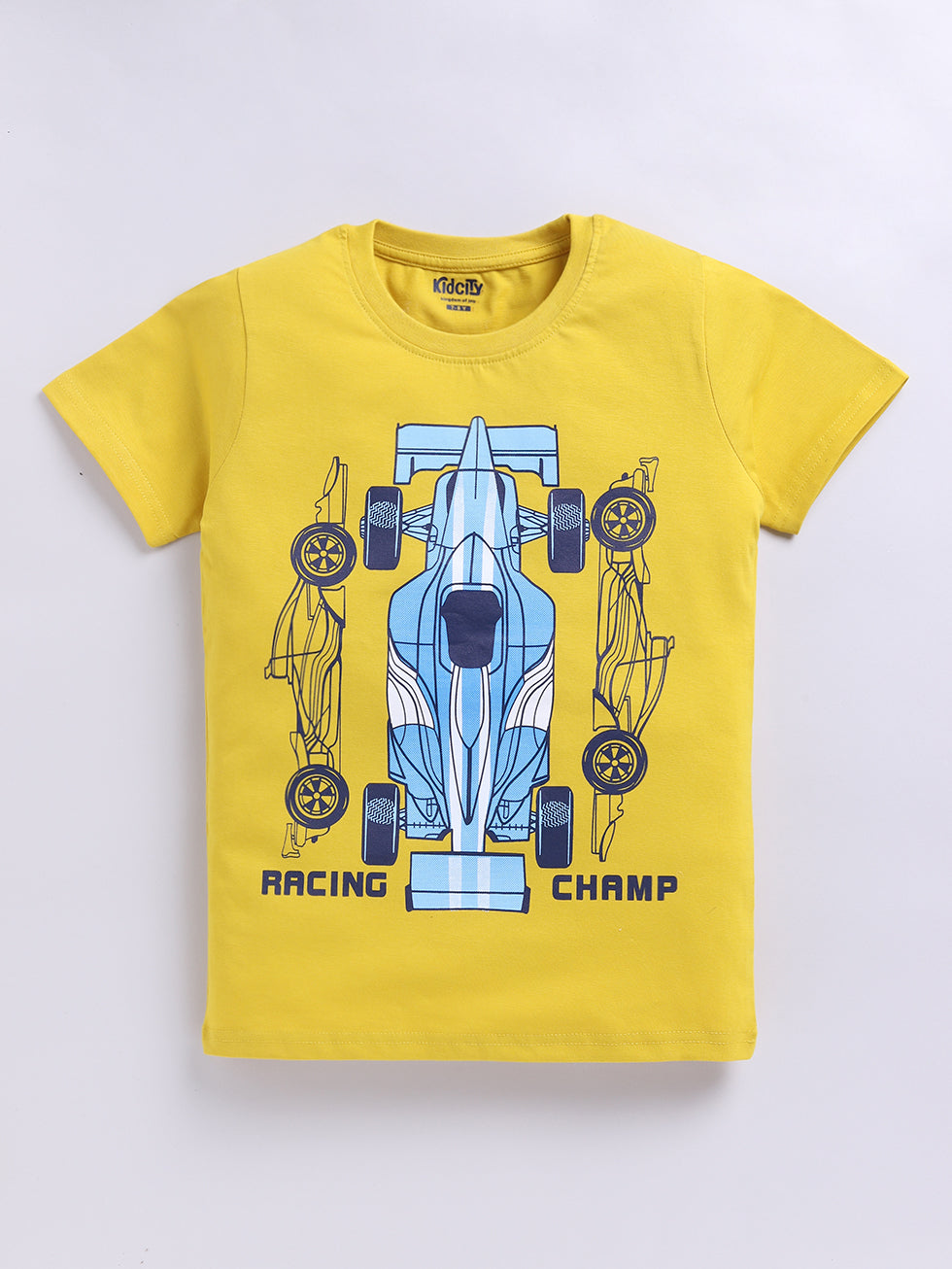 Kidcity Cotton Sinker Race Car Graphic & Racing Champ Text Placement Print T-Shirts - Yellow front view