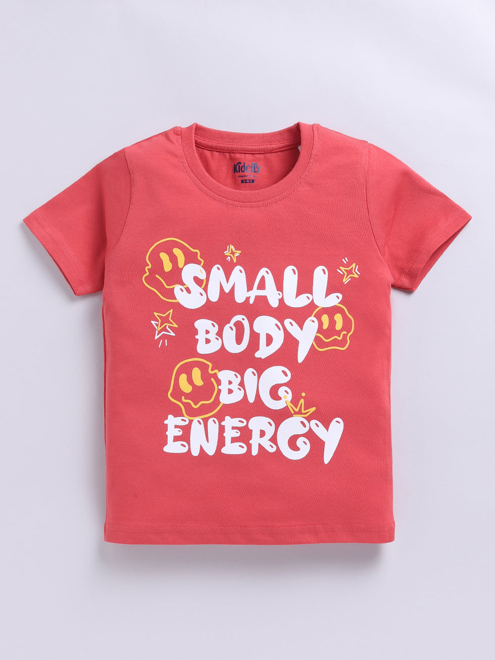  Kidcity Cotton Sinker Small Body Big Energy Text Placement Print T-Shirts - Coral Red front view