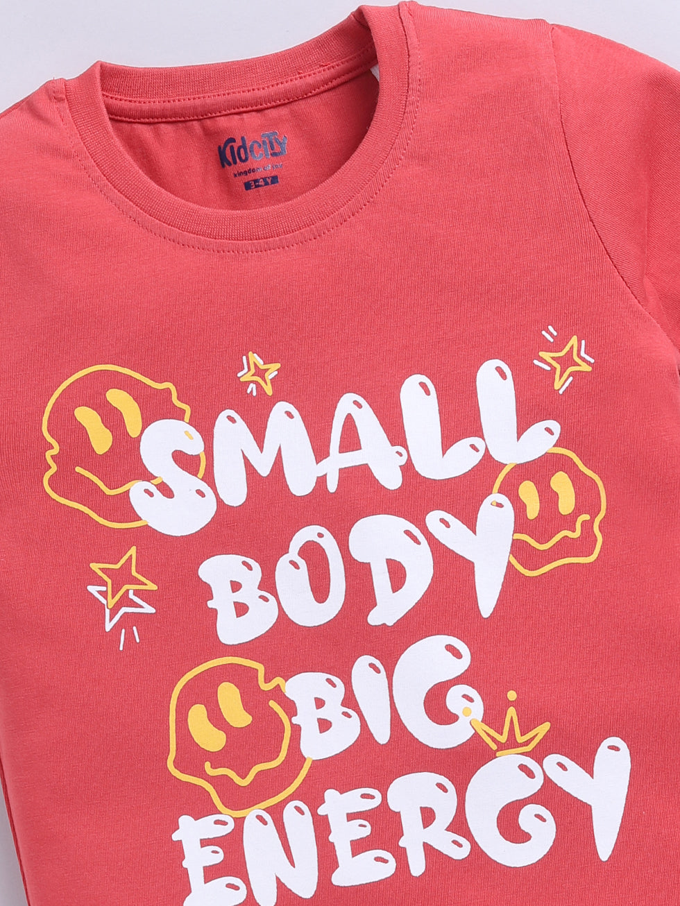  Kidcity Cotton Sinker Small Body Big Energy Text Placement Print T-Shirts - Coral Red zoom view