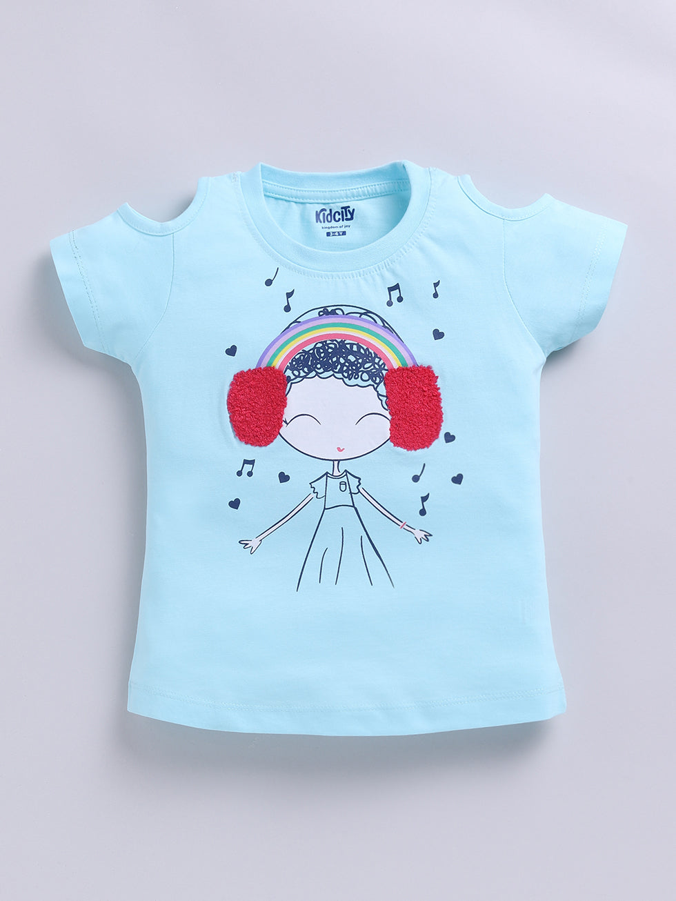 Kidcity Cotton Sinker Smiling Girl Wearing Rainbow Headphones Graphics Placement Print Tops - Sky Blue front view