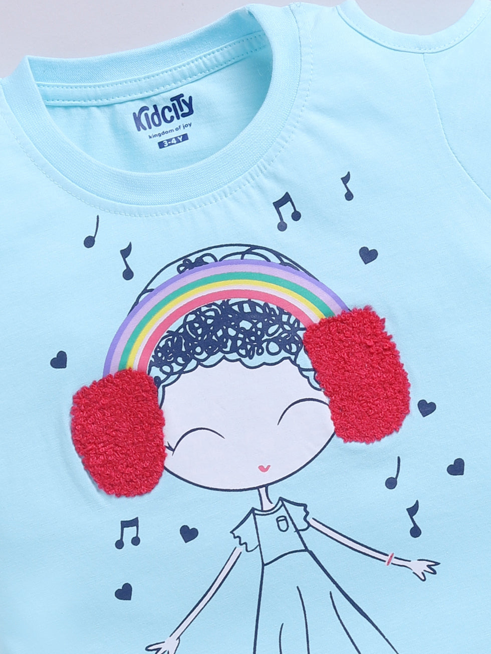 Kidcity Cotton Sinker Smiling Girl Wearing Rainbow Headphones Graphics Placement Print Tops - Sky Blue zoom view