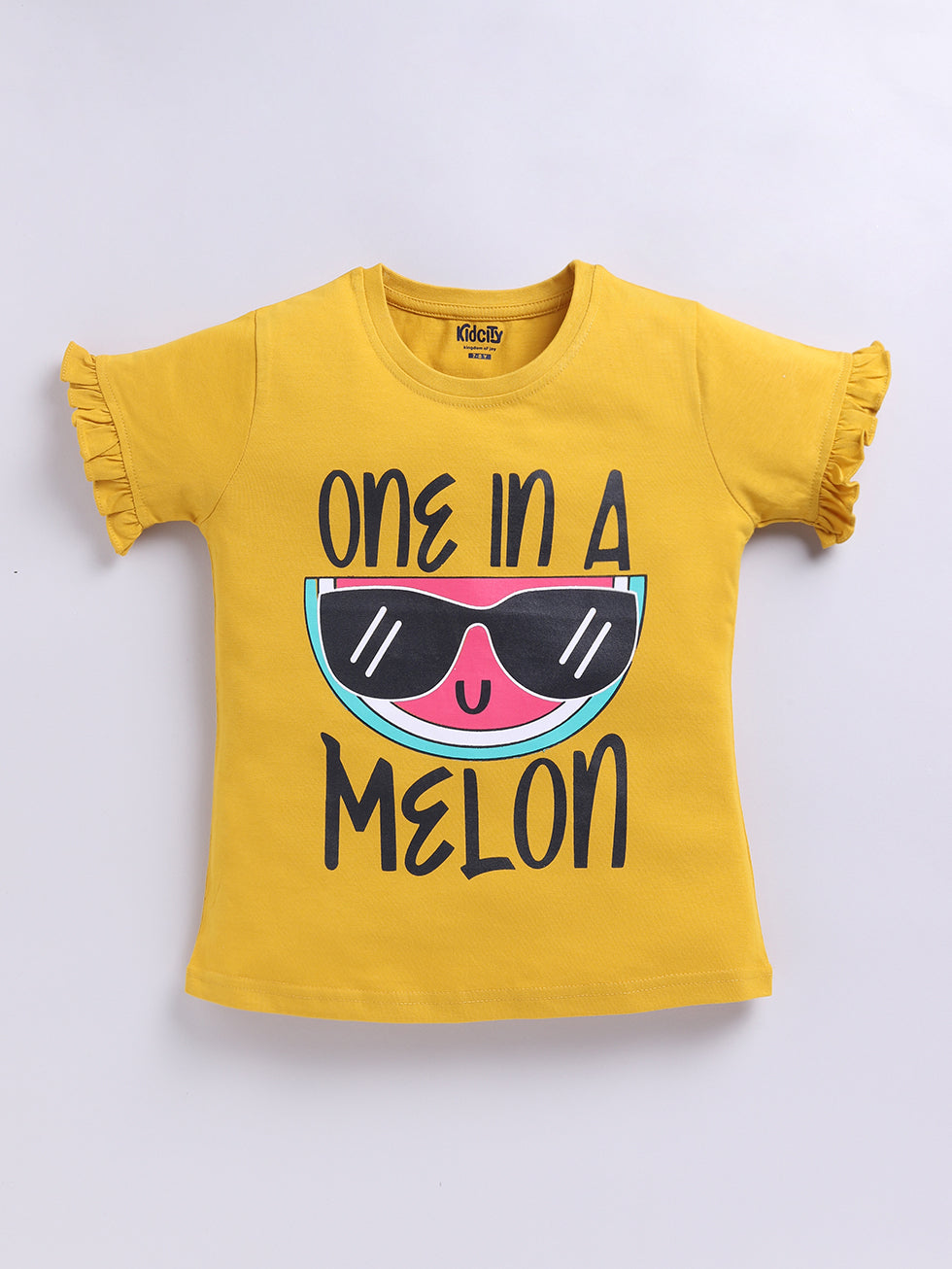 Kidcity Cotton Sinker Watermelon Character Graphics and One in a Melon Text Placement Print Tops - Mustard front view