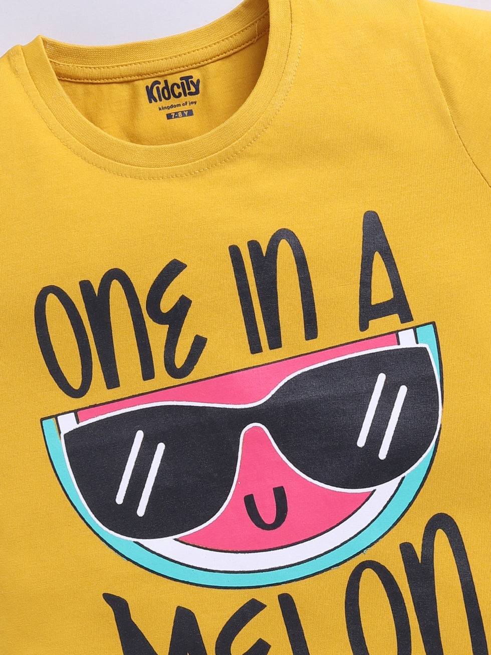 Kidcity Cotton Sinker Watermelon Character Graphics and One in a Melon Text Placement Print Tops - Mustard zoom view