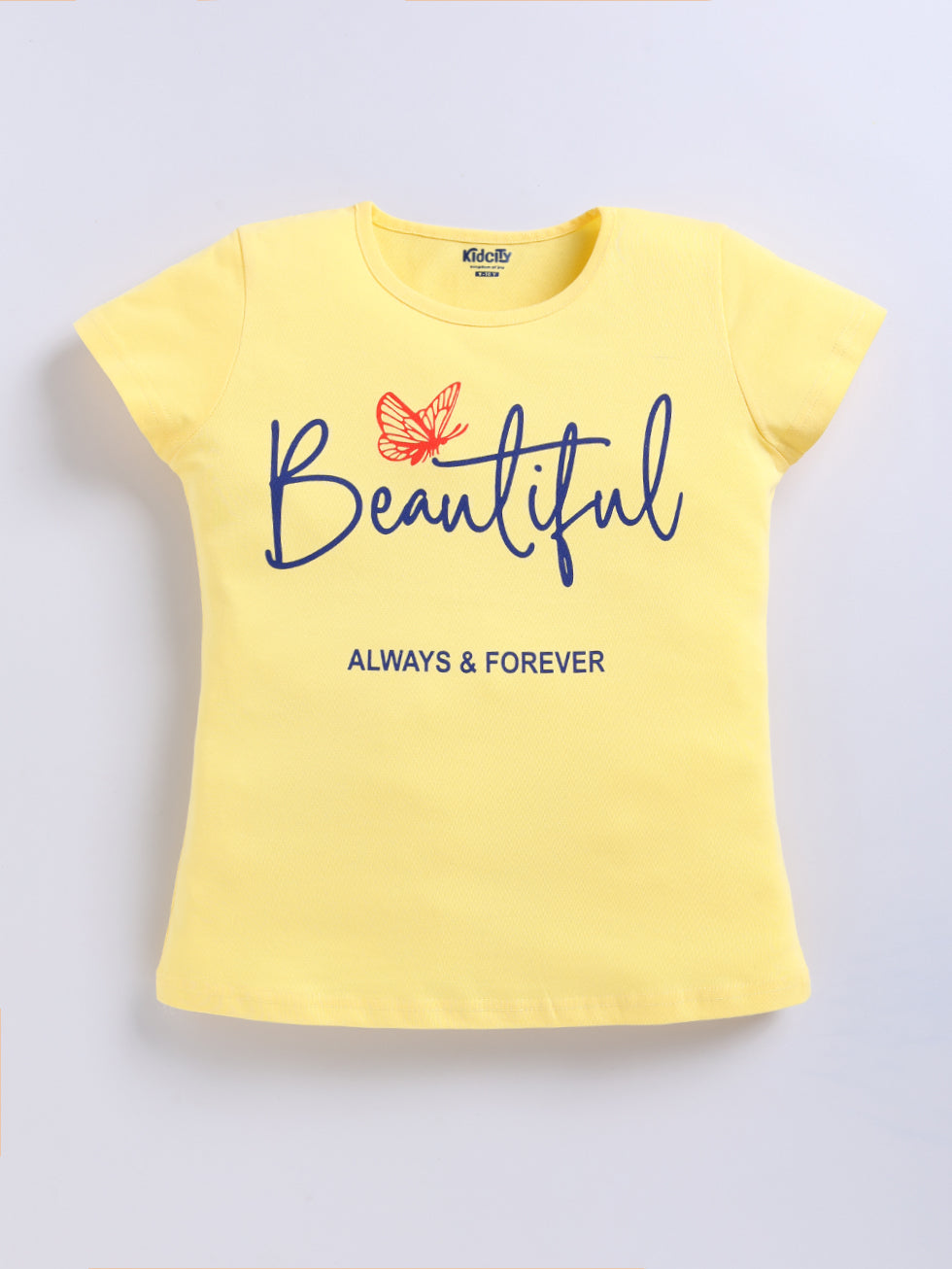 Kidcity Girls Cotton Sinker Beautiful Text and Butterfly Graphic Print Half Sleeves Tops -Yellow Front View