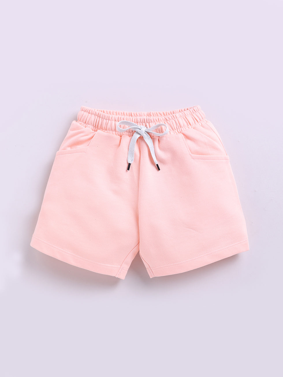 Kidcity Girls Cotton Loopknit Casual Drawstring Shorts - Light Peach Front View