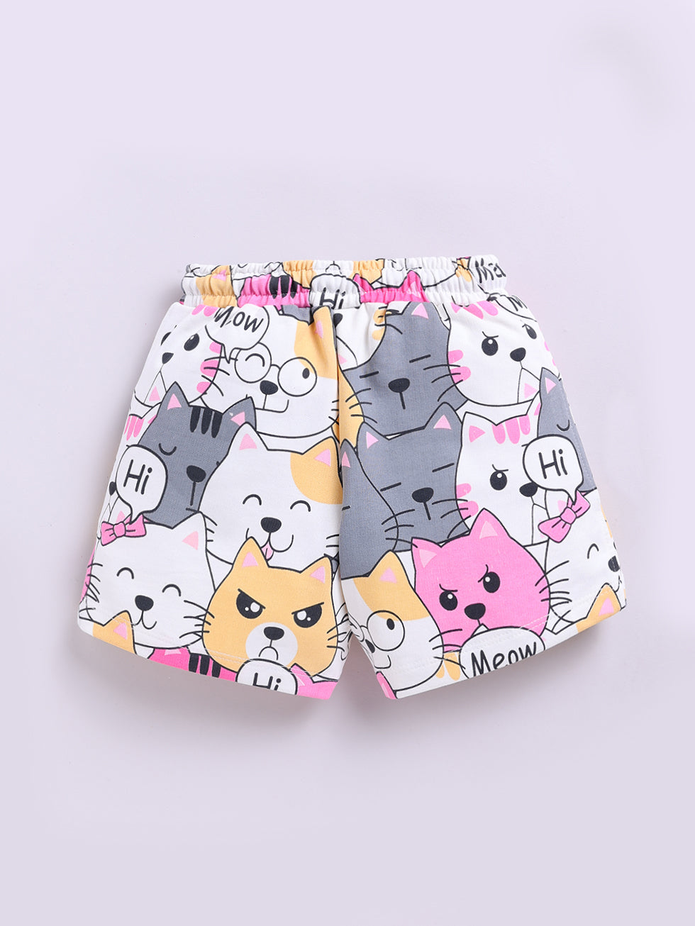 Kidcity Girls Cotton Loopknit Cute Cartoon Cat-Print Shorts - Multicolor back view