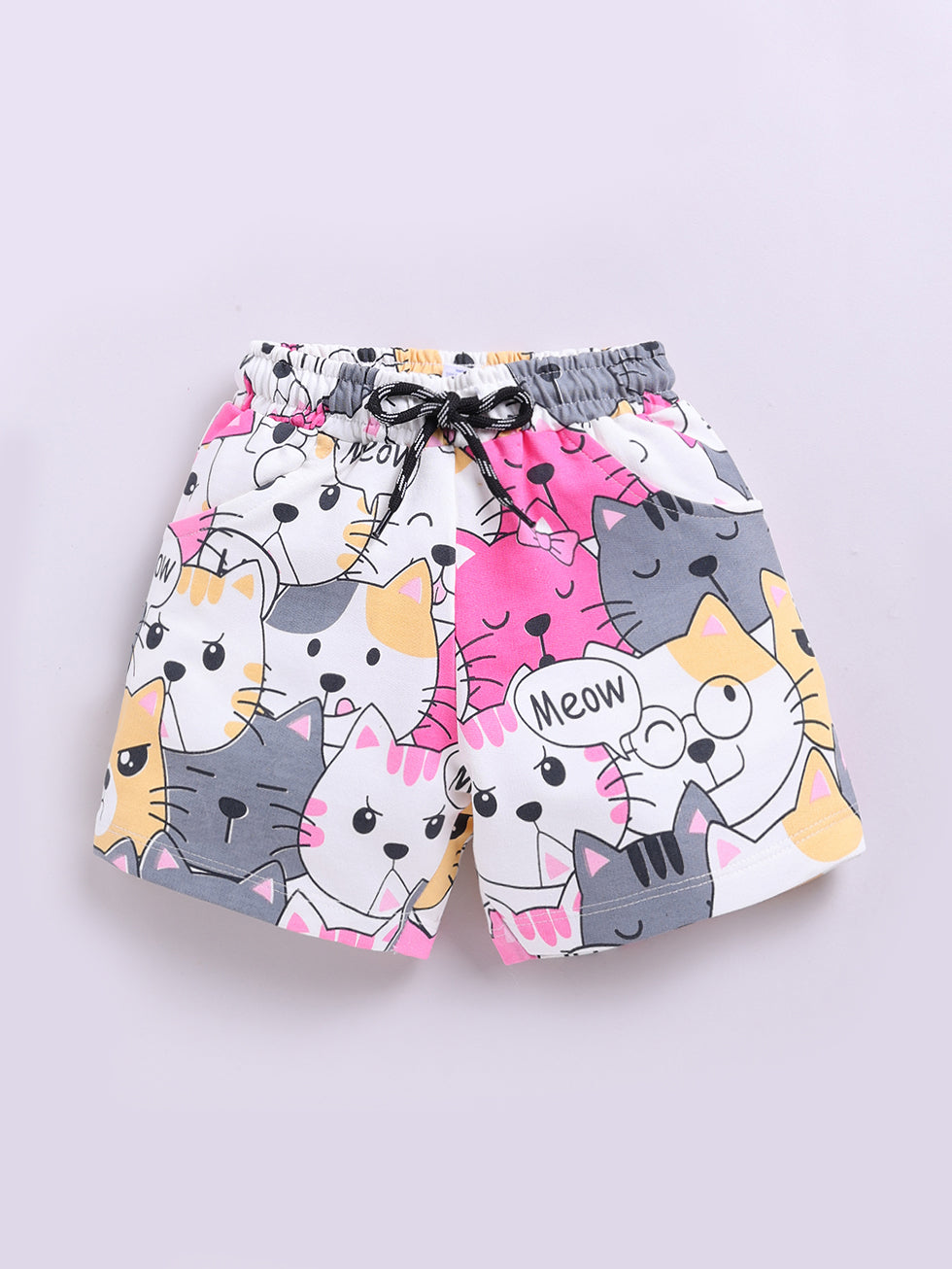 Kidcity Girls Cotton Loopknit Cute Cartoon Cat-Print Shorts - Multicolor front view