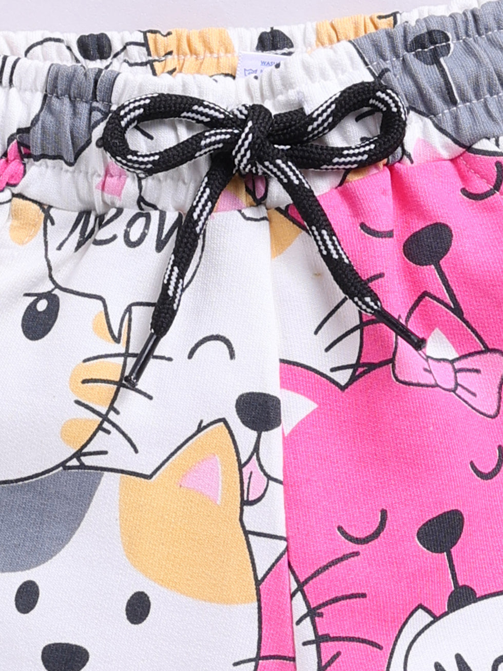 Kidcity Girls Cotton Loopknit Cute Cartoon Cat-Print Shorts - Multicolor zoom view