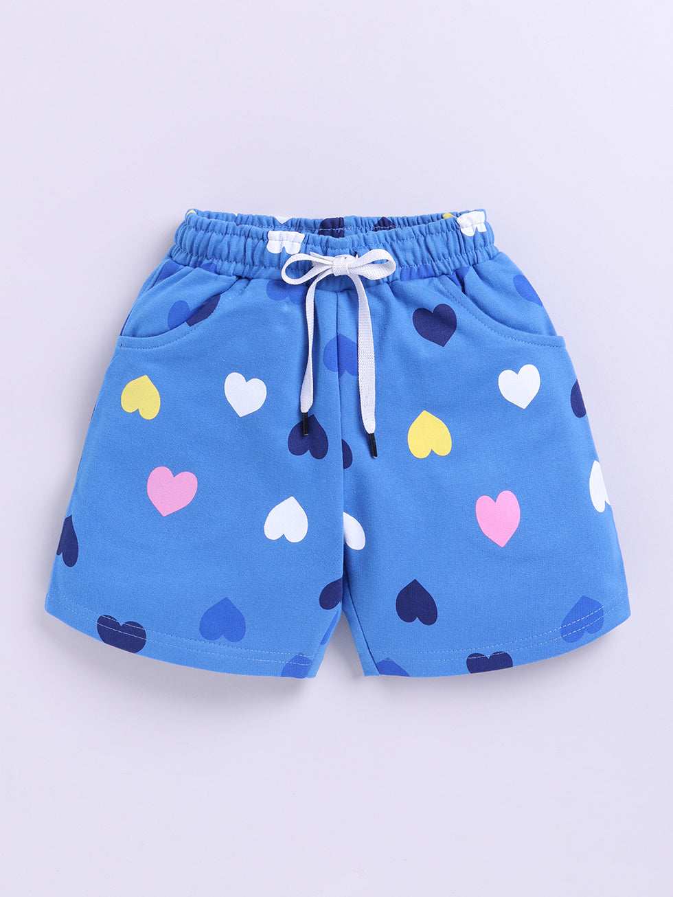 Kidcity Girls Cotton Loopknit Heart Allover Print Shorts - Blue front view