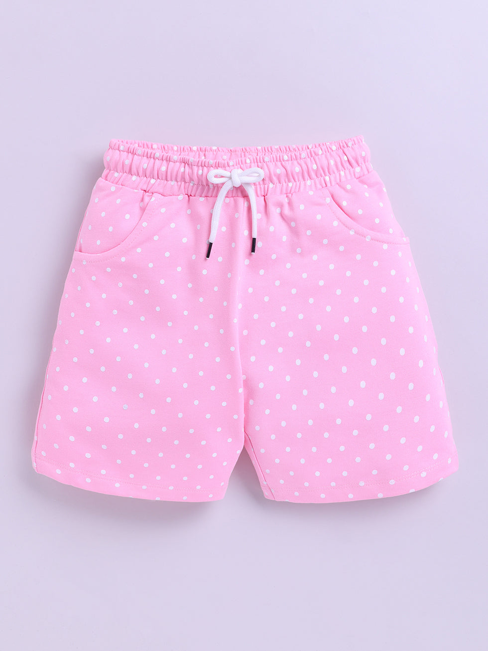 Kidcity Girls Cotton Loopknit Polka Dot Allover Print Shorts - Light Pink front view