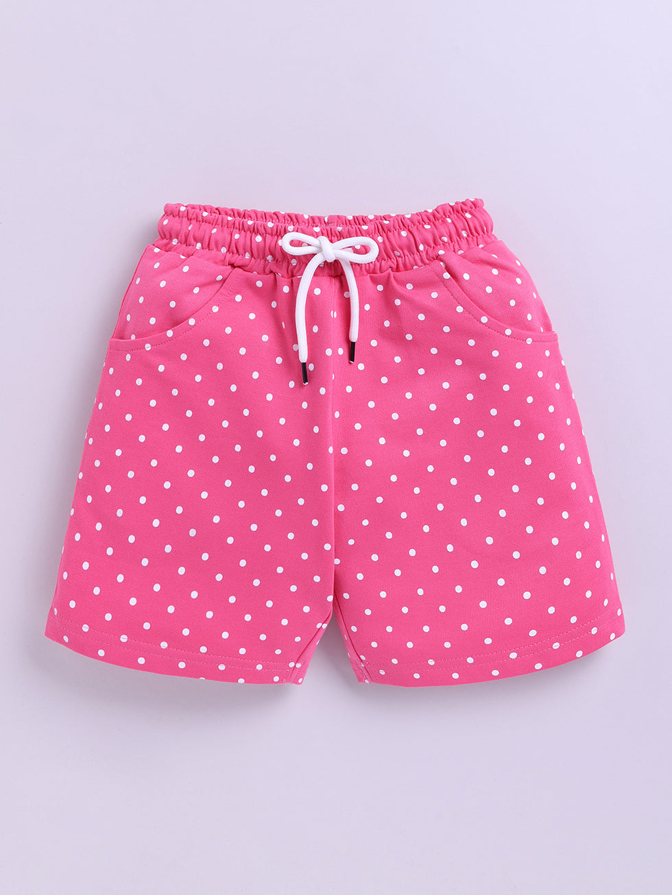Kidcity Girls Cotton Loopknit Polka Dot Allover Print Shorts - Pink front view