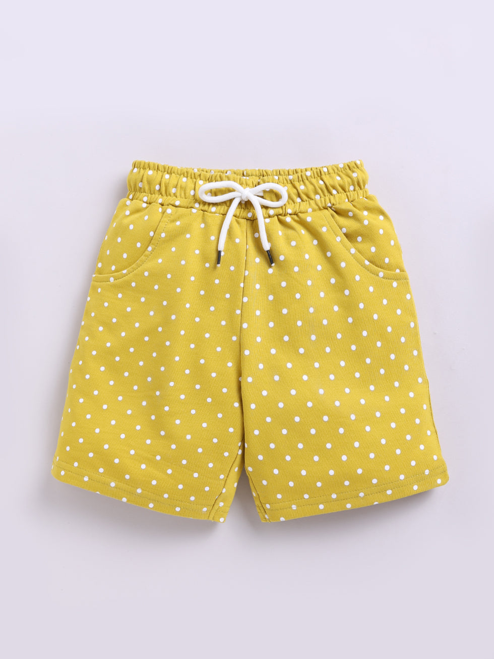Kidcity Girls Cotton Loopknit Polka Dot Casual Shorts - Mustard Front View