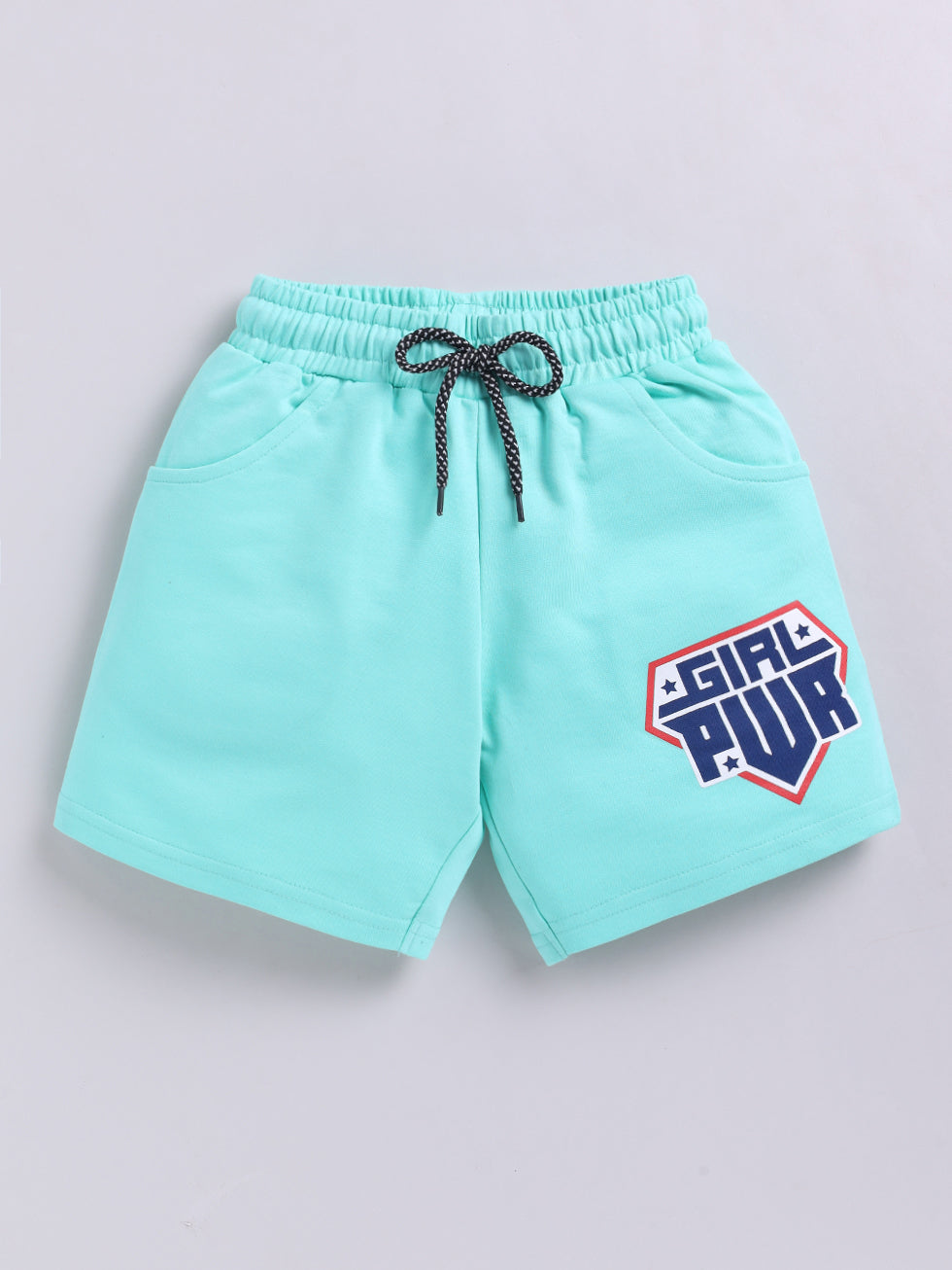 Kidcity Girls Cotton Loopknit Text Print Shorts - Aqua Blue front view