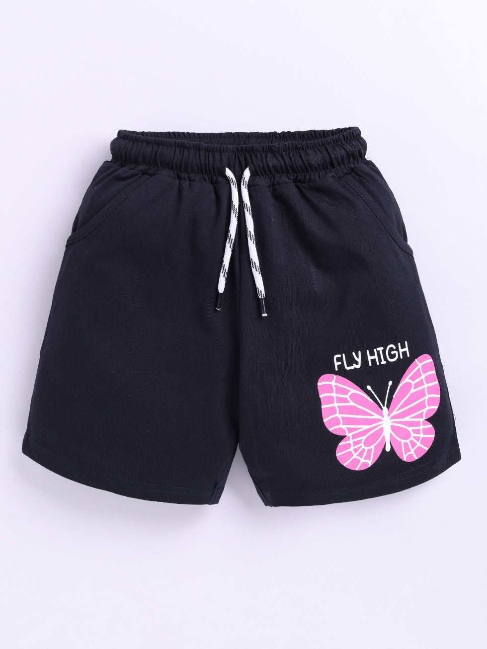 Kidcity Girls Cotton Sinker Butterfly Graphic and Fly High Text Print Shorts - Black front view
