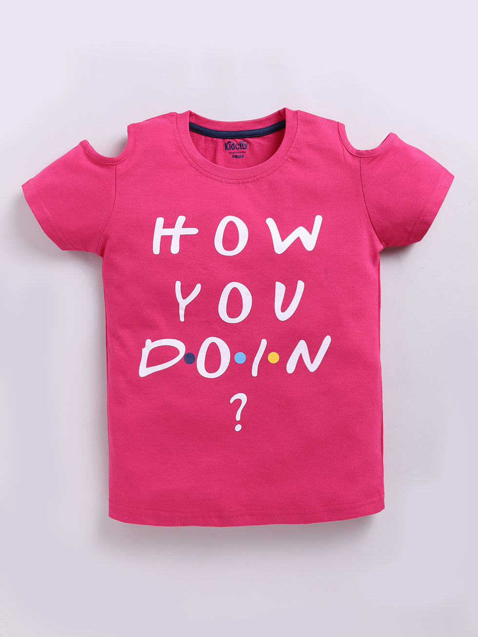Kidcity Girls Cotton Sinker Cold-Shoulder Text Print Tops - Rani Front View